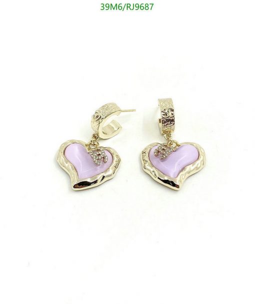 Gold heart-shaped earrings with purple enamel.