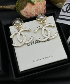 Pearl-accented designer-logo earrings in presentation box.