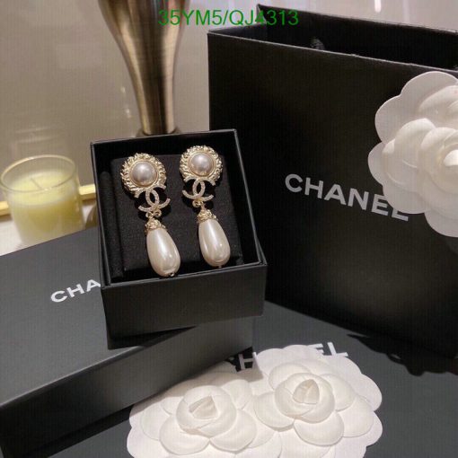 Chanel pearl drop earrings in presentation box.