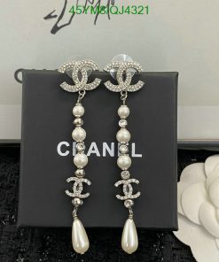 Chanel logo pearl drop earrings with rhinestone accents.