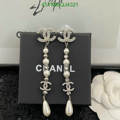 Chanel logo pearl drop earrings with rhinestone accents.