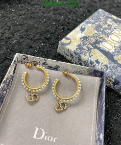 Dior pearl-studded gold hoop earrings with box.