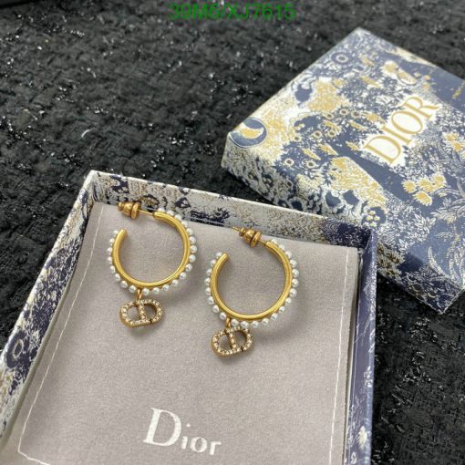 Dior pearl-studded gold hoop earrings with box.