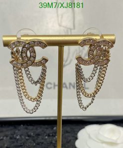 Designer logo earrings with rhinestones and chain dangles.