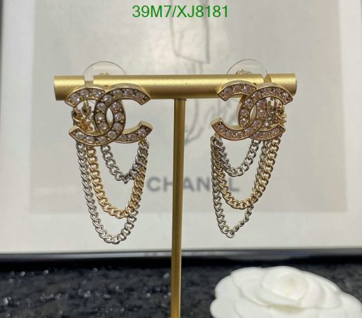 Designer logo earrings with rhinestones and chain dangles.