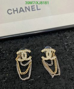 Chanel logo earrings with sparkling stones and chain detail.