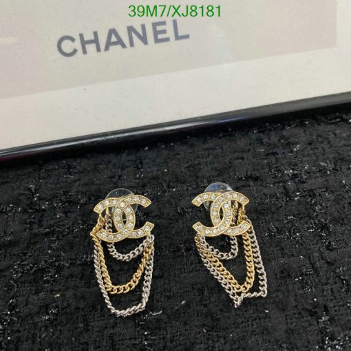 Chanel logo earrings with sparkling stones and chain detail.