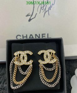 Chanel logo earrings with rhinestones and chain detail.