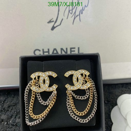 Chanel logo earrings with rhinestones and chain detail.