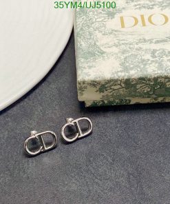 Dior logo earrings on textured surface with box.