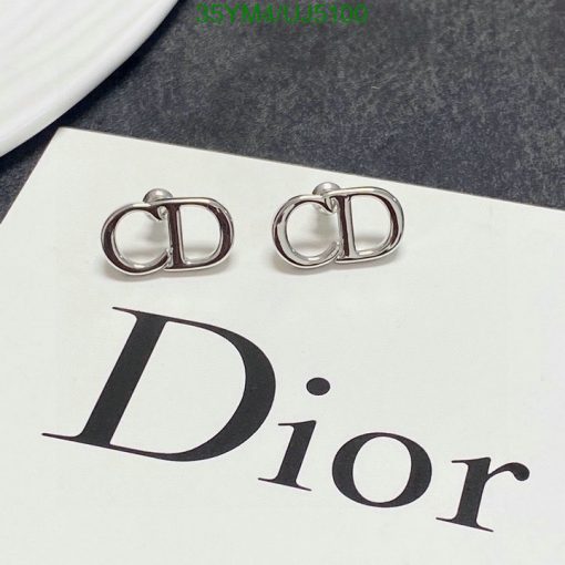 Silver Dior logo earrings on branded card.