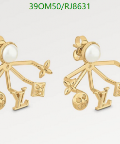 Gold designer logo earrings with pearls.