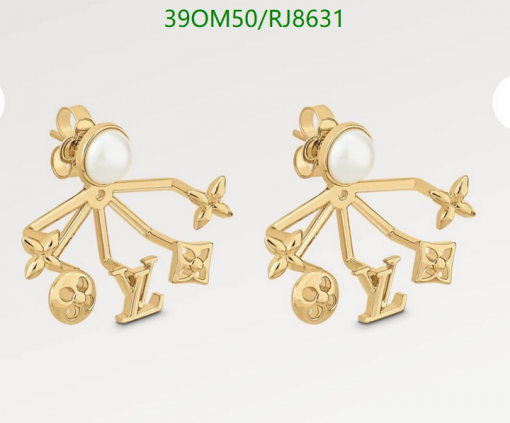 Gold designer logo earrings with pearls.