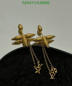 Gold designer logo earrings with chain detail.