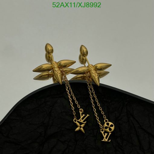 Gold designer logo earrings with chain detail.