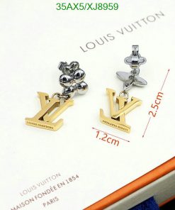 Designer logo earrings with dimensions displayed.