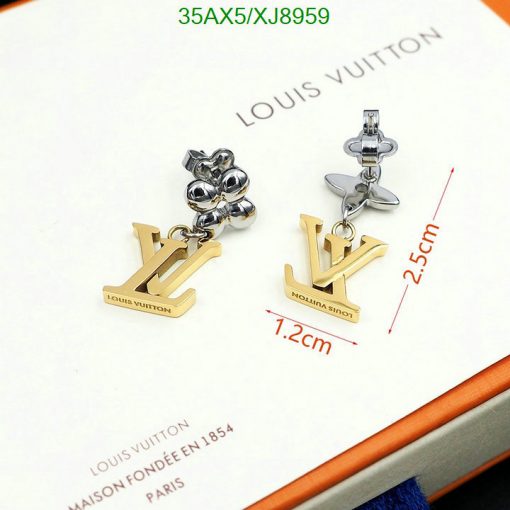 Designer logo earrings with dimensions displayed.