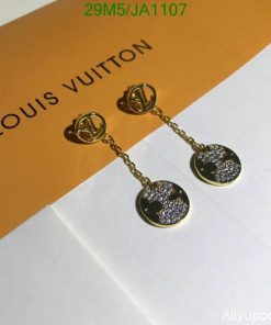 Louis Vuitton logo earrings with packaging.