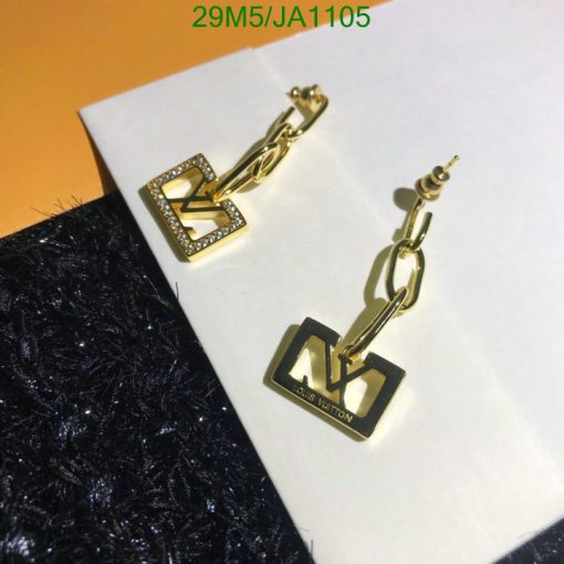 Gold designer logo earrings with rhinestones.