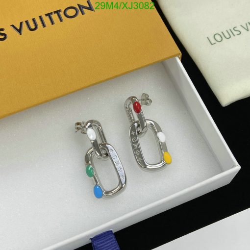 Designer carabiner-shaped earrings with colorful accents.