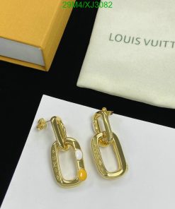 Gold designer chain-link earrings display with packaging.