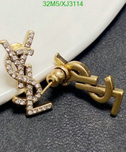 Gold diamond-encrusted designer logo earrings.