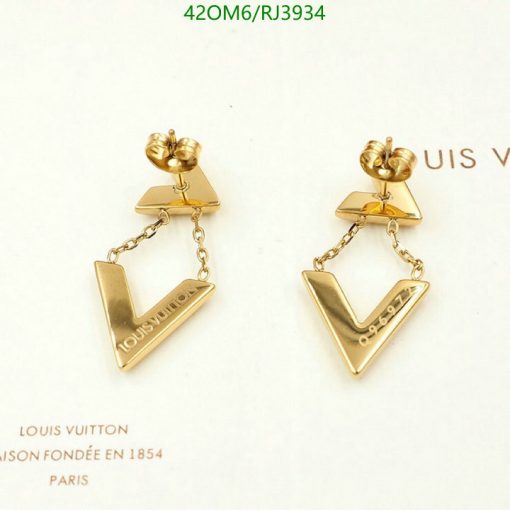 Gold Louis Vuitton logo earrings on white background.