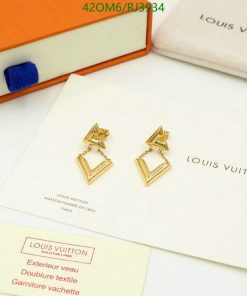 Gold triangle logo earrings on designer packaging.