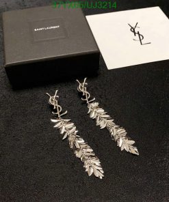 Saint Laurent leaf-design silver earrings with box.