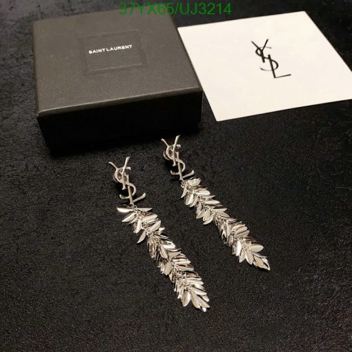 Saint Laurent leaf-design silver earrings with box.