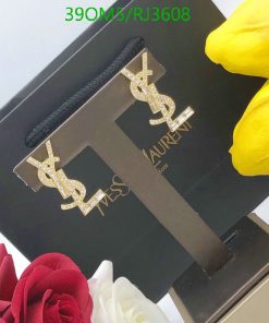 Designer earrings with logo, flowers, and packaging.