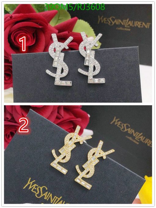 Silver and gold logo earrings with roses and packaging