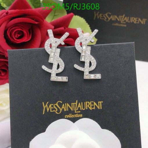 Designer logo earrings with red roses background.