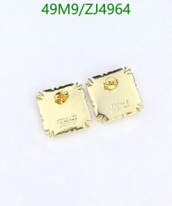 Gold square post earrings on white background.