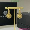 Gold lion medallion earrings with packaging.