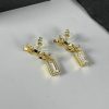 Gold rectangular drop earrings on white background.