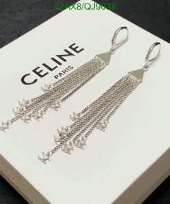 Silver tassel earrings on branded display card.