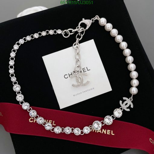 Chanel pearl and crystal bracelet on display