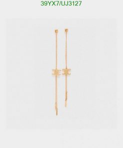 Gold-tone linear drop earrings on white.