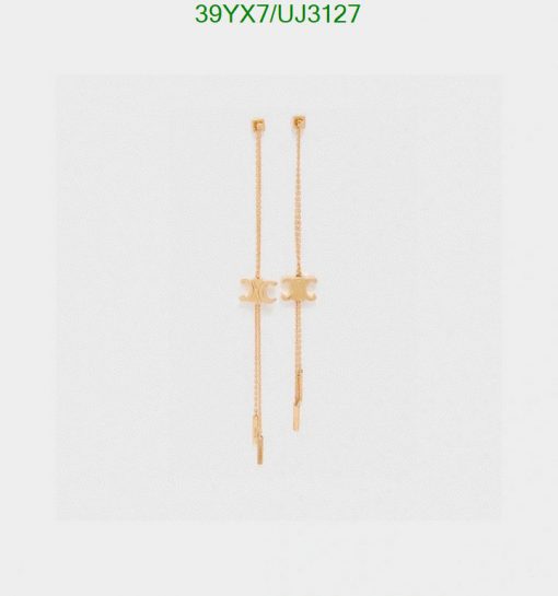 Gold-tone linear drop earrings on white.