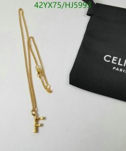 Gold Celine letter 'F' pendant necklace with pouch.