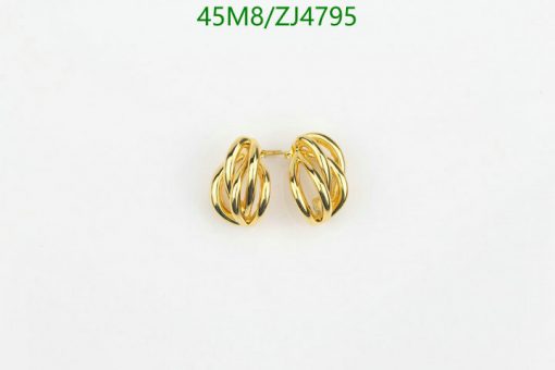 Gold twisted hoop earrings on white background.