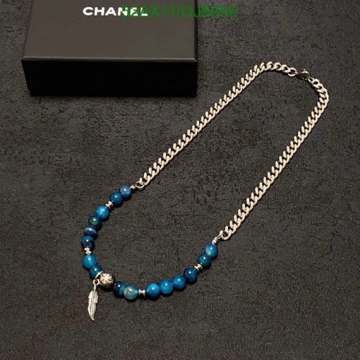 Silver chain necklace with blue beads and charm