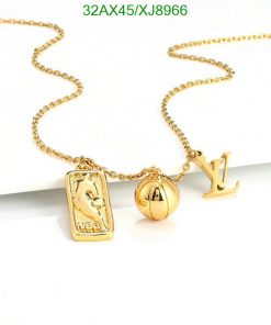 Gold pendant necklace with charm and logo designs.