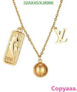 Gold LV pendant necklace with charm and tag.