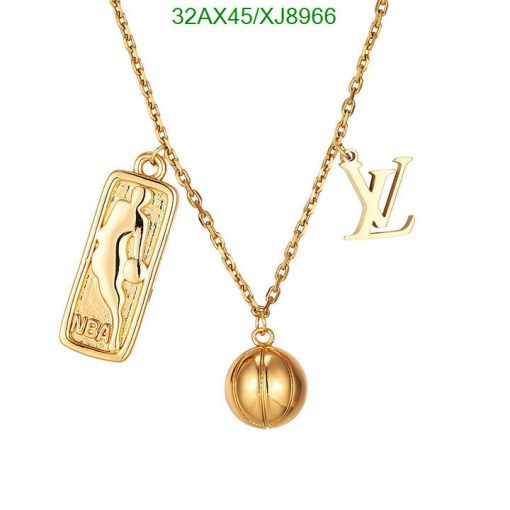 Gold charm necklace with sports and designer logos.