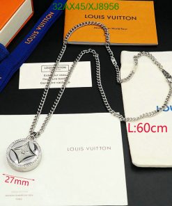 Designer necklace with packaging and dimensions displayed.