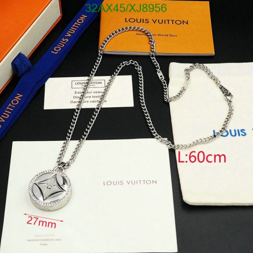 Designer necklace with packaging and dimensions displayed.