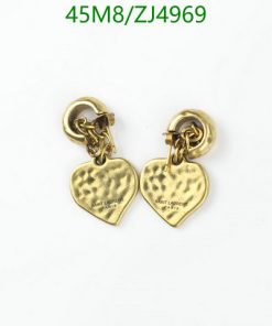 Gold heart-shaped earrings on white background.