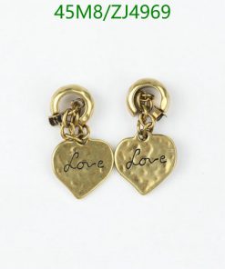 Gold heart-shaped "Love" inscribed earrings on white.